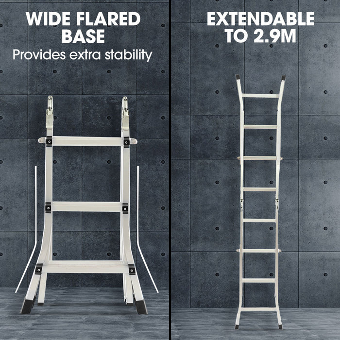 2.9M Folding Aluminium Multipurpose Ladder With Workshelf Platform Spring Assisted Rapid Safety Lock Adjusters
