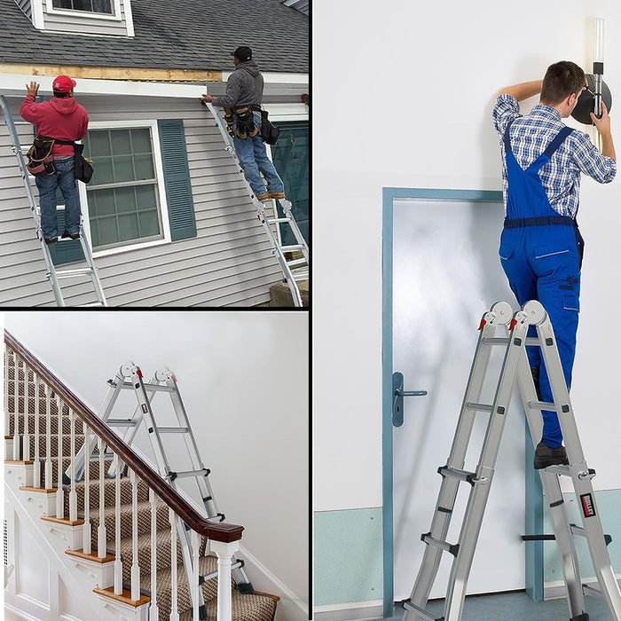 2.9M Folding Aluminium Multipurpose Ladder With Workshelf Platform Spring Assisted Rapid Safety Lock Adjusters