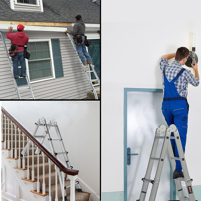 4M Folding Aluminium Multipurpose Ladder With Workshelf Platform Spring Assisted Rapid Safety Lock Adjusters