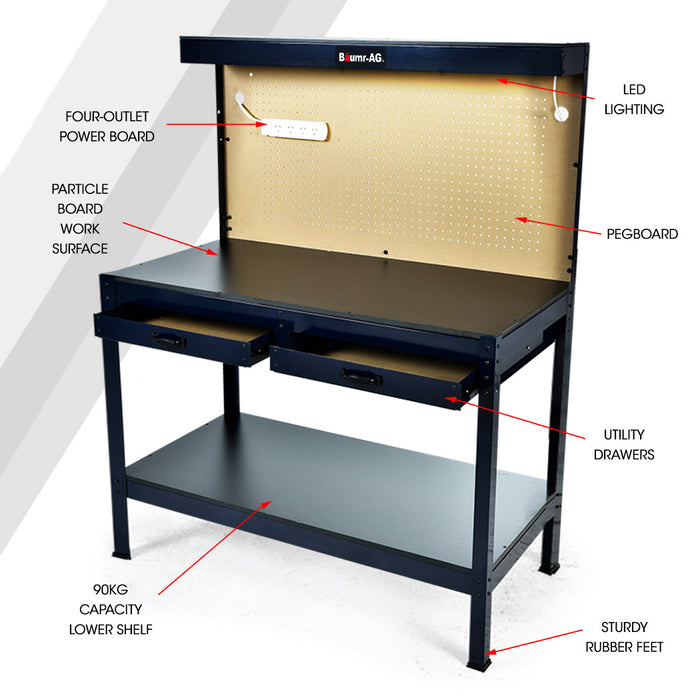 Steel Garage Workbench With Led Lights Pegboard Tool Storage Work Bench Workshop Table