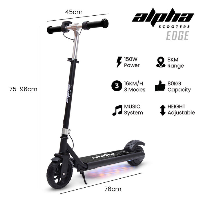 Edge Electric Scooter Kids & Teens Adjustable Handlebars 3 Speed Modes Dual Foot E-Brake Bluetooth Music Led Black