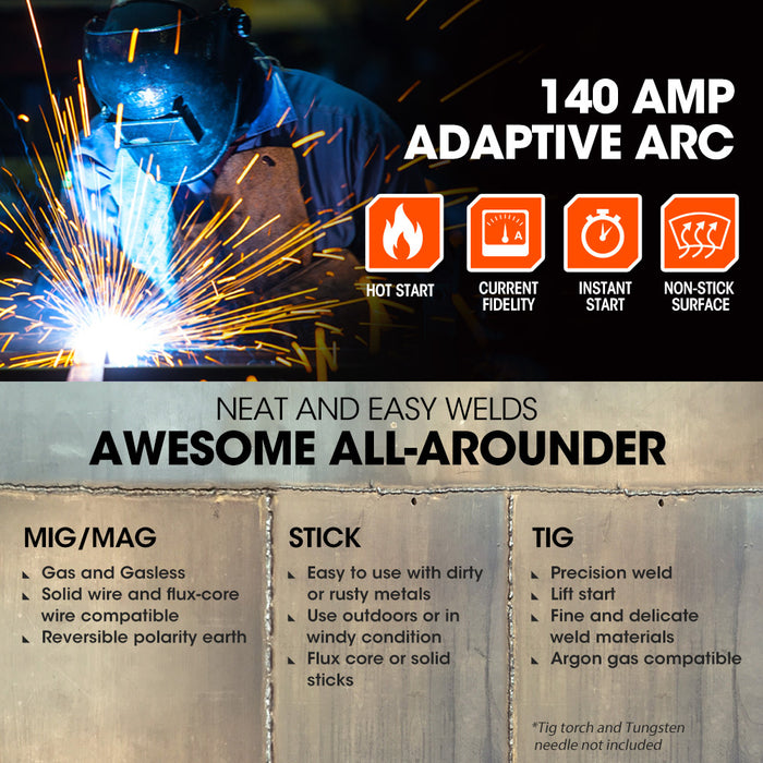 140A Mig / Mag / Mma / Arc / Tig Multi-Purpose Welder Mig-140 Flux / Solid Wire / Co2 Or Argon Gas