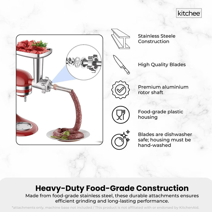 Kitchee Meat Food Grinder Sausage Attachment - Compatible With Kitchenaid Mixers