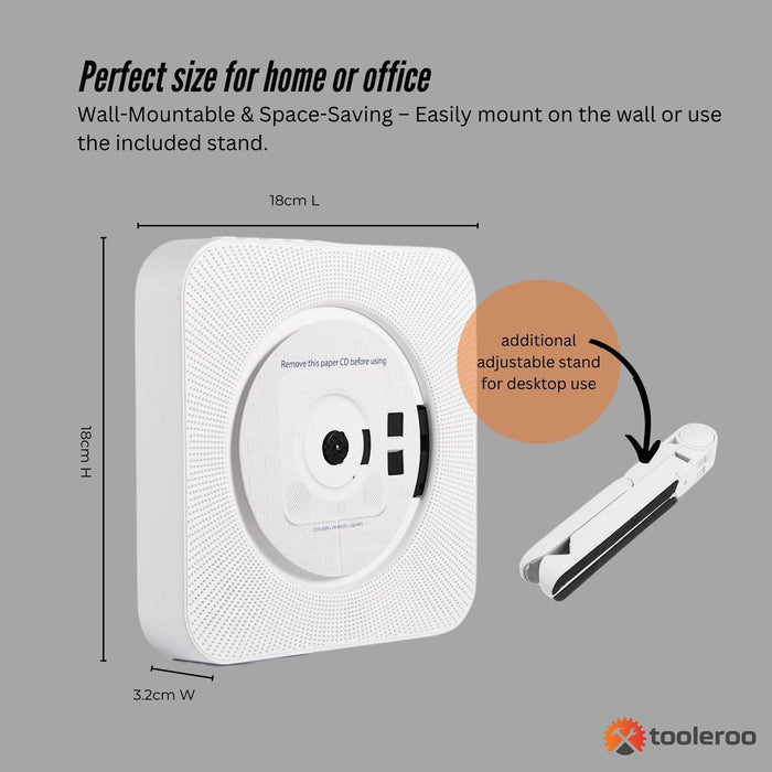 Tooleroo Wall Mountable Cd Player Speaker - Bluetooth Hifi Fm Radio White