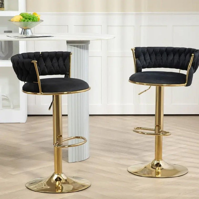 2 x Black Velvet Seat Kitchen Breakfast Bar Stools Counter Height Barstools With Back Cushioned Chairs For Home Bar