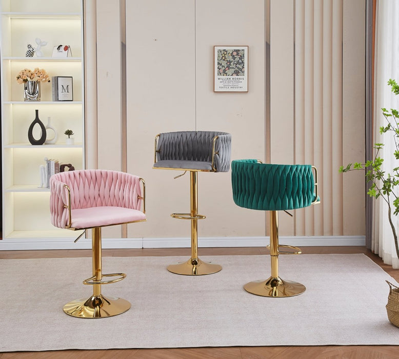 2X Height Adjustable Grey Swivel Bar Stool Velvet Golden Round Base Barstools Chairs