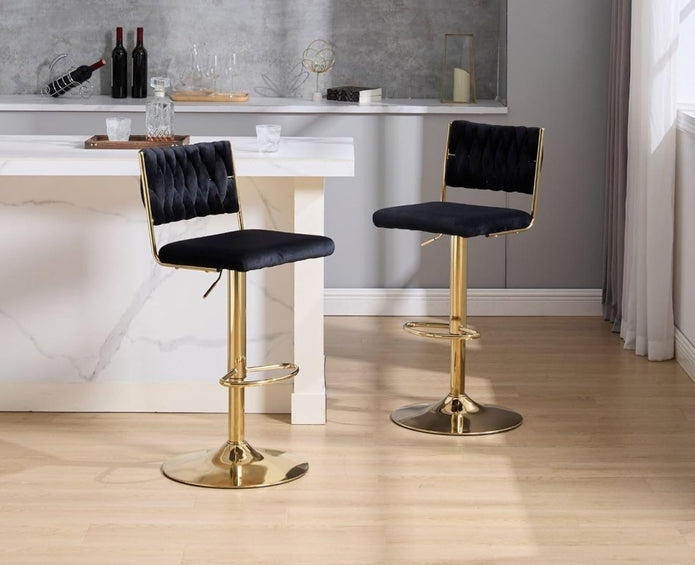2X Velvet Bar Stools With Braided Back Elegant Kitchen High Chairs Kitchen Island Stools Adjustable Height Swivel Bar Chairs With Gold Legs For Home-Black