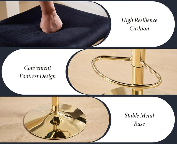 2X Velvet Bar Stools With Braided Back Elegant Kitchen High Chairs Kitchen Island Stools Adjustable Height Swivel Bar Chairs With Gold Legs For Home-Black