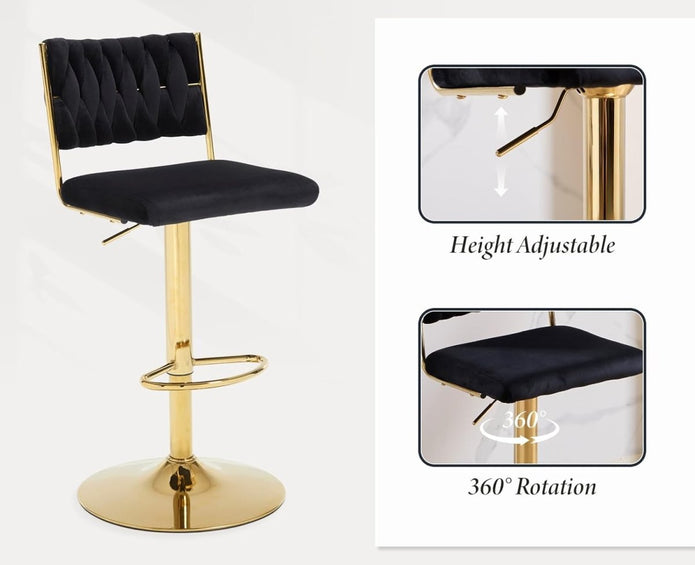 2X Velvet Bar Stools With Braided Back Elegant Kitchen High Chairs Kitchen Island Stools Adjustable Height Swivel Bar Chairs With Gold Legs For Home-Black
