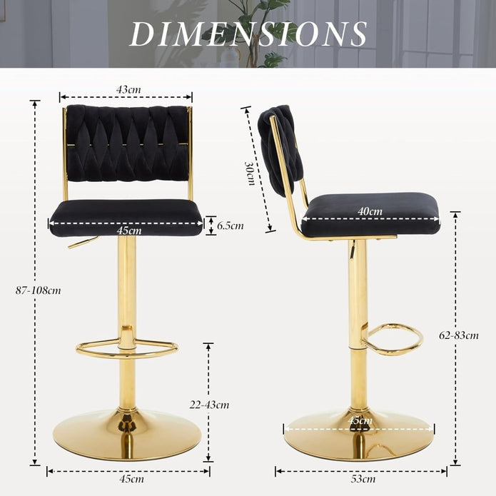 2X Velvet Bar Stools With Braided Back Elegant Kitchen High Chairs Kitchen Island Stools Adjustable Height Swivel Bar Chairs With Gold Legs For Home-Black