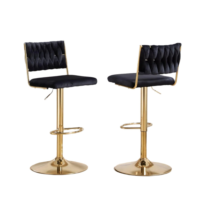 2X Velvet Bar Stools With Braided Back Elegant Kitchen High Chairs Kitchen Island Stools Adjustable Height Swivel Bar Chairs With Gold Legs For Home-Black