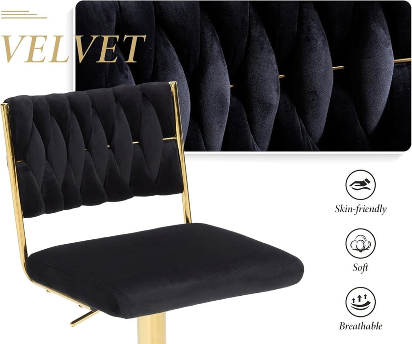 2X Velvet Bar Stools With Braided Back Elegant Kitchen High Chairs Kitchen Island Stools Adjustable Height Swivel Bar Chairs With Gold Legs For Home-Black