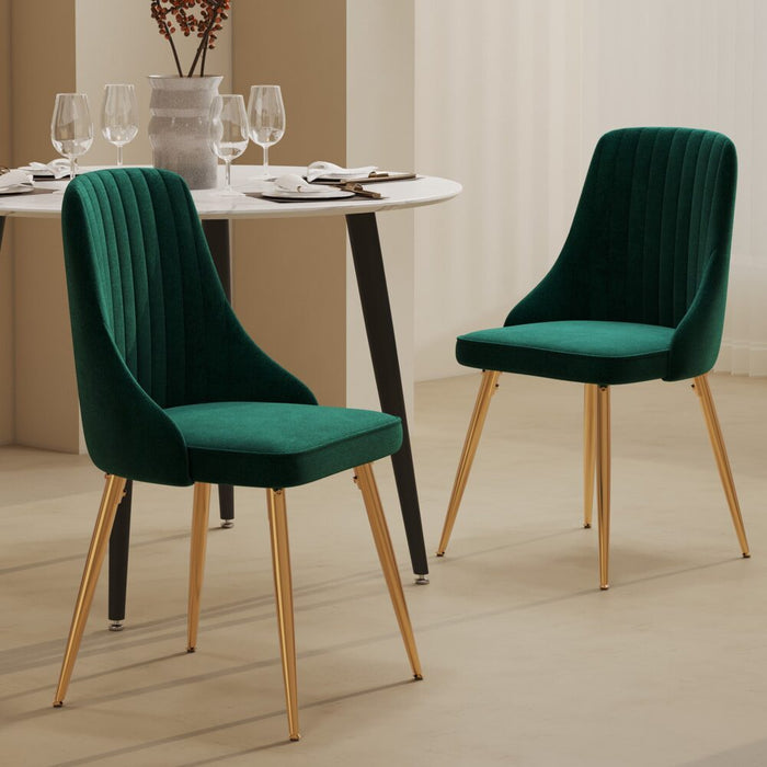 Viva Forever Set Of 2 Green Velvet Dining Chairs-Art Deco Design With Gold Metal Legs