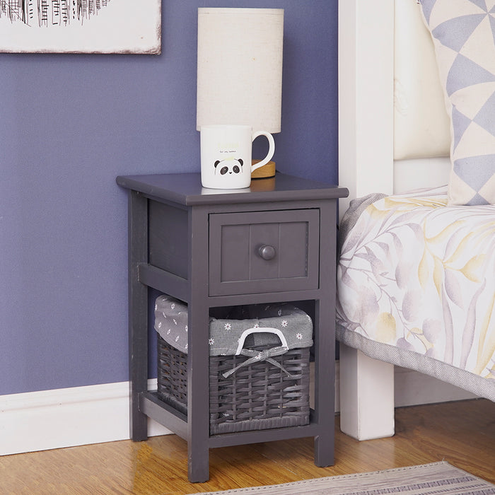 Grey Bedside Table With Wicker Basket