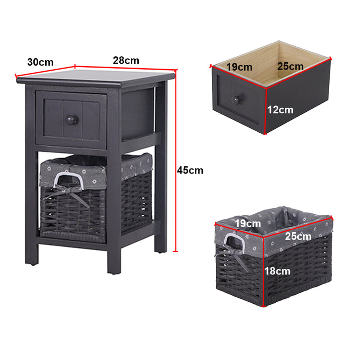 Grey Bedside Table With Wicker Basket