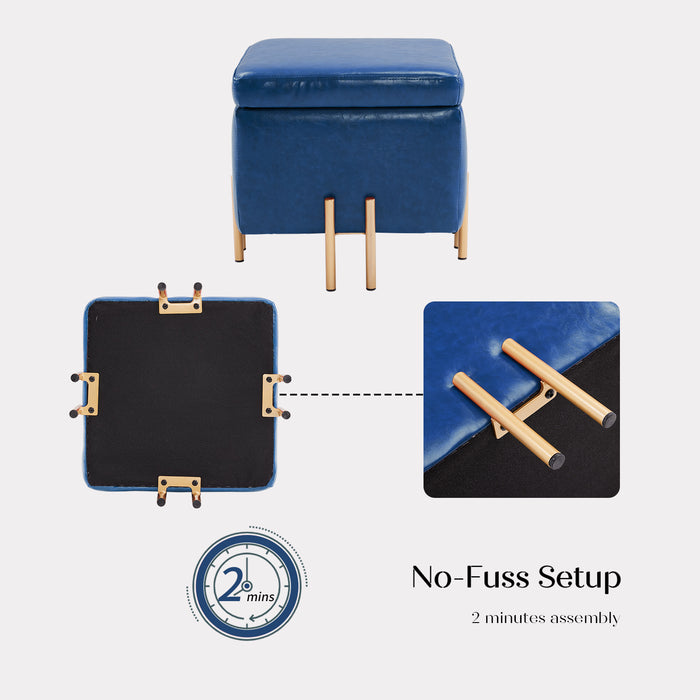 2X Storage Ottoman Foot Stool Cube Tuffet Seat 45Cm Pu Leather Blue