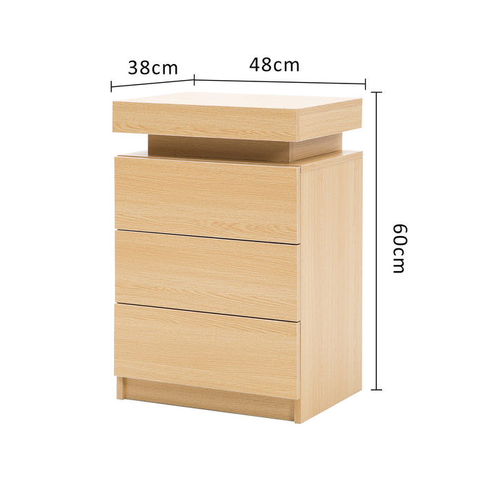 Bedside Table 3 Drawers Rgb Led Bedroom Cabinet Nightstand Gloss Glory Oak