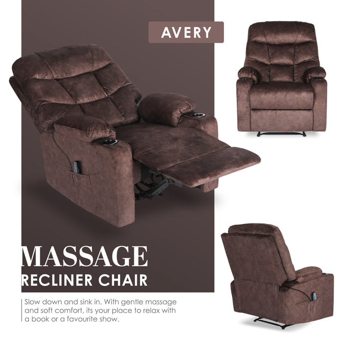 8-Point Electric Massage Recliner Chair - Leathaire Lounge Sofa Armchair Avery Brown