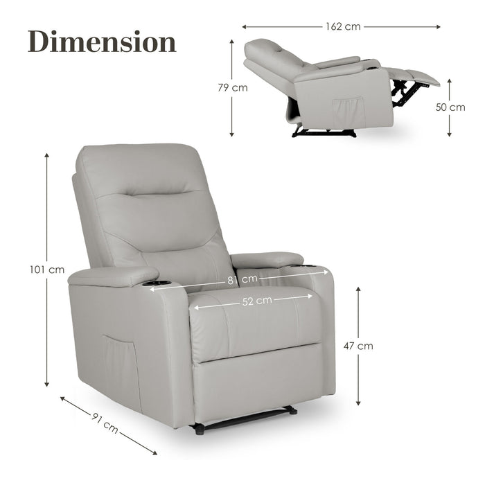 Home Recliner Chair - Pu Leather Sofa Lounge Armchair Dakota Grey