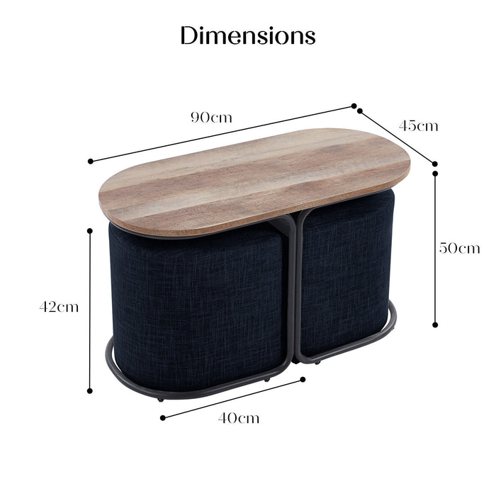 3 Piece Set Coffee Table & Ottoman Wood Side End Table Industrial - Black