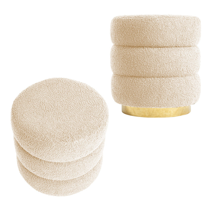 2X Round Stacked Ottoman Stool Teddy Fleece Fabric Foot Rest 38Cm Beige