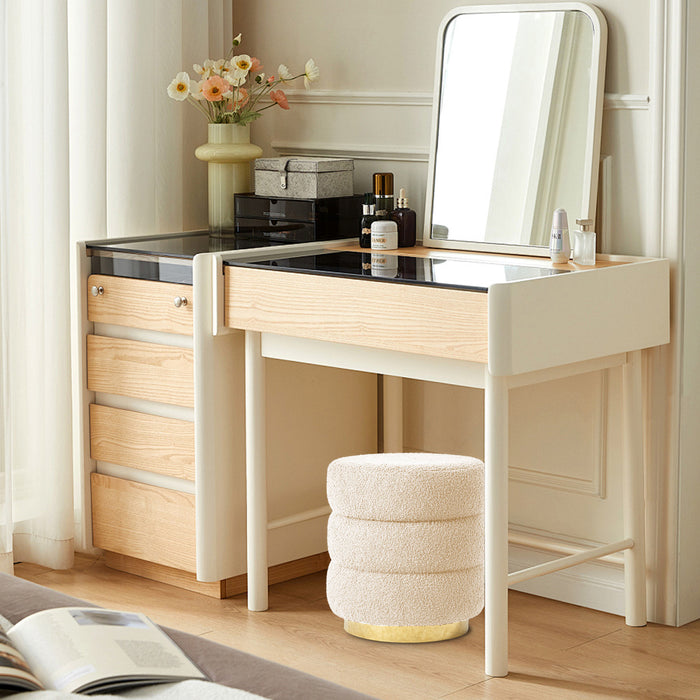 2X Round Stacked Ottoman Stool Teddy Fleece Fabric Foot Rest 38Cm Beige