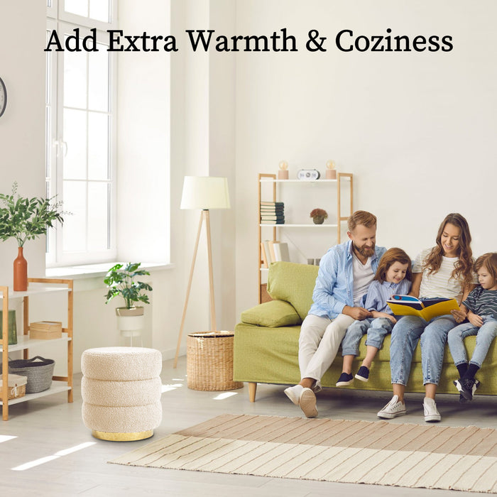 2X Round Stacked Ottoman Stool Teddy Fleece Fabric Foot Rest 38Cm Beige