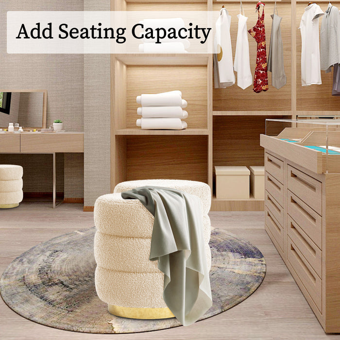 2X Round Stacked Ottoman Stool Teddy Fleece Fabric Foot Rest 38Cm Beige