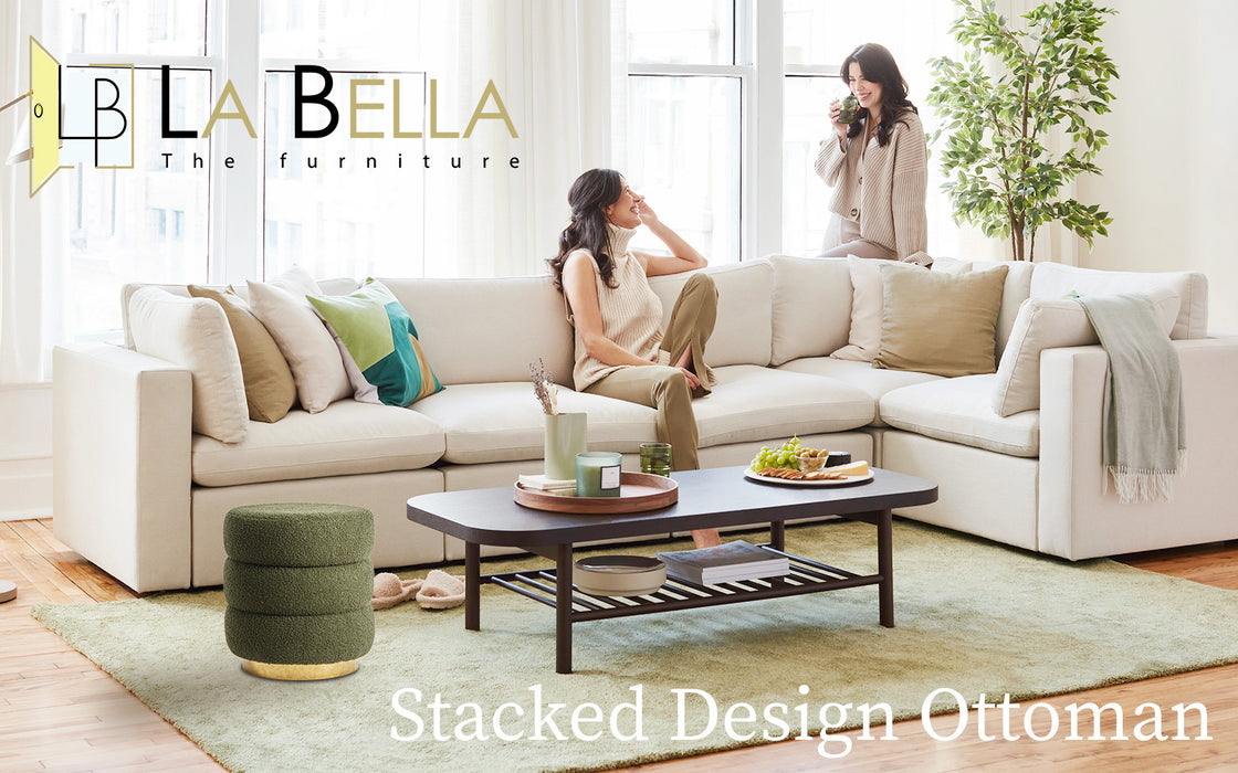 2X Round Stacked Ottoman Stool Teddy Fleece Fabric Foot Rest 38Cm Green