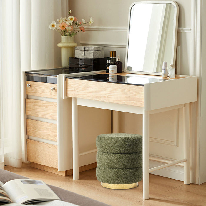 2X Round Stacked Ottoman Stool Teddy Fleece Fabric Foot Rest 38Cm Green