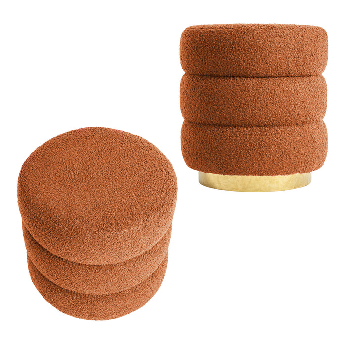 2X Round Stacked Ottoman Stool Teddy Fleece Fabric Foot Rest 38Cm Orange