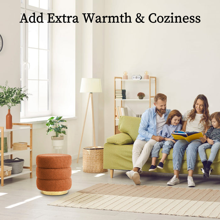 2X Round Stacked Ottoman Stool Teddy Fleece Fabric Foot Rest 38Cm Orange