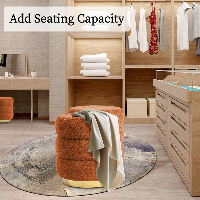 2X Round Stacked Ottoman Stool Teddy Fleece Fabric Foot Rest 38Cm Orange