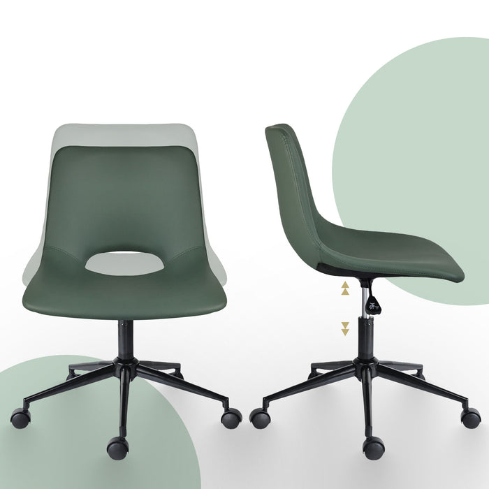 2 Set Office Desk Chair - Pu Leather Home Swivel Chair Cut-Out Seat Halo Green