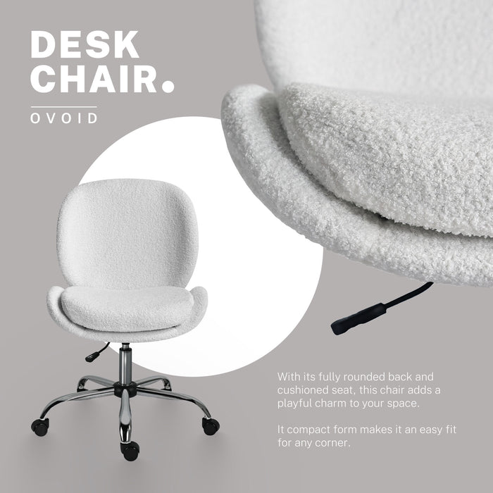 Office Desk Chair - Teddy Boucle Armless Swivel Study Seat Ovoid White
