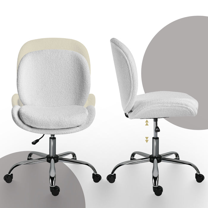 Office Desk Chair - Teddy Boucle Armless Swivel Study Seat Ovoid White