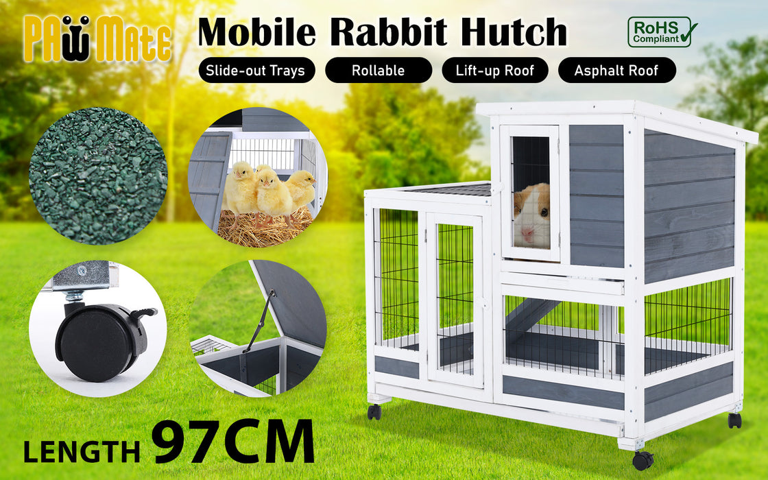 Rabbit Hutch Chicken Coop With Wheels 96.5 X 56 X 90.5Cm 2 Storey Pet Cage Run Thumper