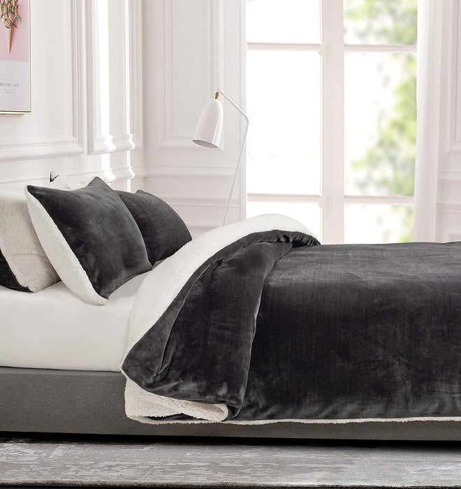 King Size 2-In-1 Teddy Sherpa Quilt Cover Set - - Charcoal