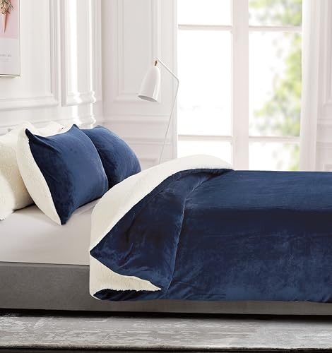 King Size 2-In-1 Teddy Sherpa Quilt Cover Set - Navy Blue