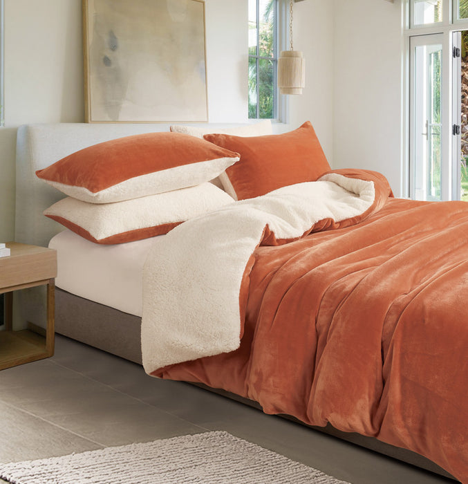King Size 2-In-1 Teddy Sherpa Quilt Cover Set - - Terracotta