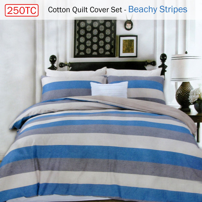 250Tc Cotton Reversible Quilt Cover Set Beachy Stripes Queen