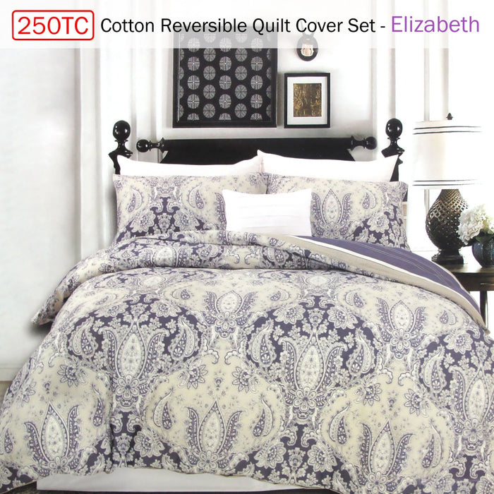 250Tc Cotton Reversible Quilt Cover Set Elizabeth Queen