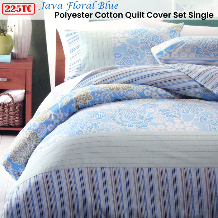 225Tc Java Floral Blue Polyester Cotton Quilt Cover Set Single