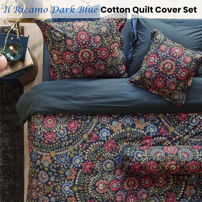 Il Ricamo Dark Blue Cotton Quilt Cover Set Queen