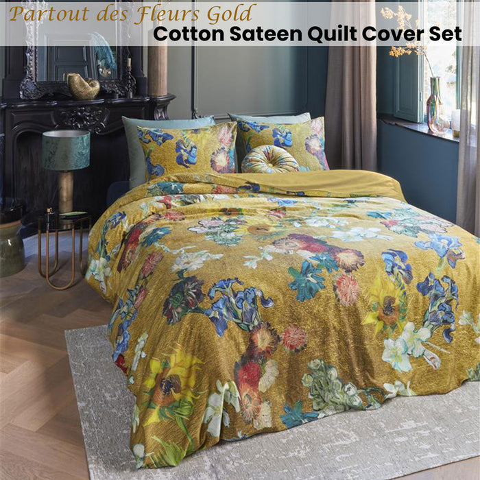 Van Gogh Partout Des Fleurs Gold Cotton Sateen Quilt Cover Set King