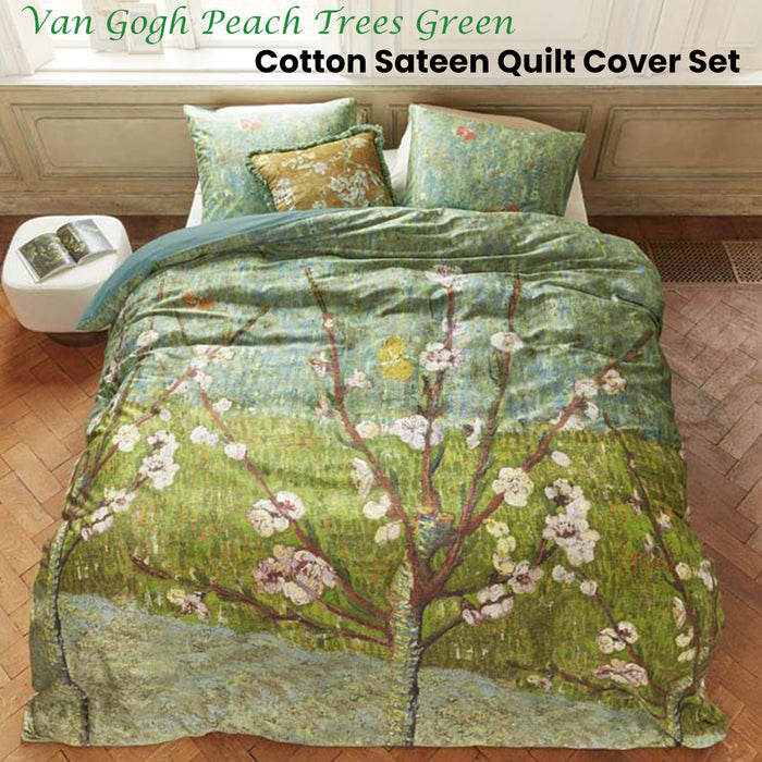Van Gogh Peach Trees Green Cotton Sateen Quilt Cover Set Queen
