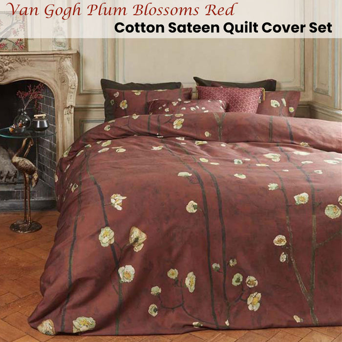Van Gogh Plum Blossoms Red Cotton Sateen Quilt Cover Set King