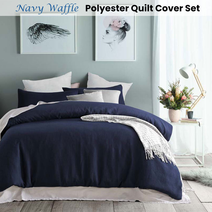 Navy Waffle Polyester Quilt Cover Set King