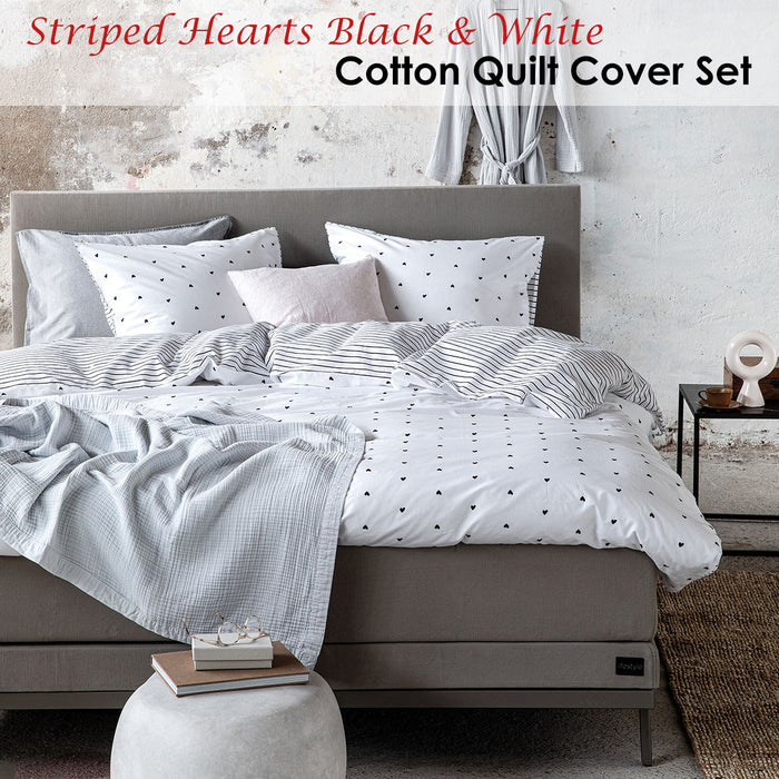 Striped Hearts Black & White Cotton Quilt Cover Set King