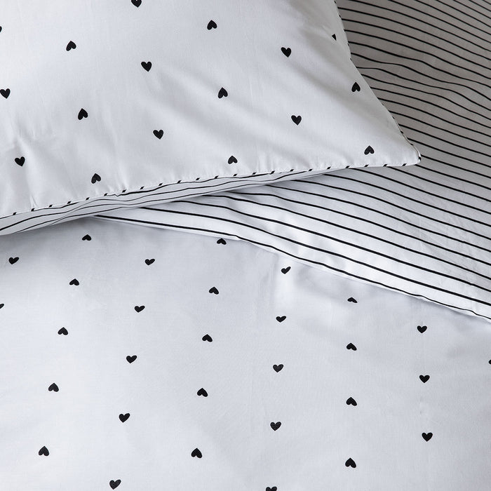 Striped Hearts Black & White Cotton Quilt Cover Set King